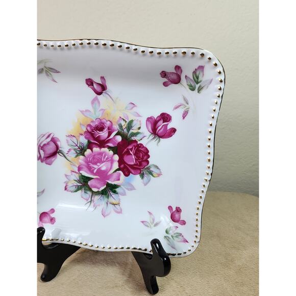 Square Bowl Floral Design Pink Roses 8 1/4" Porcelain Gold Trim Japan Vintage - Picture 4 of 10